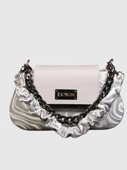 EK SUN Metallic Silver & White Ruched Chain Bag