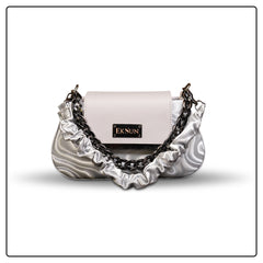 EK SUN Metallic Silver & White Ruched Chain Bag